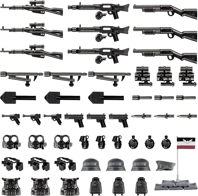 63 Pcs Battle Blocks Bricks Weapons Pack Military Weapons Accessories German WW2 Weapons Toys Military Equipment Compatible with Major Brand, 3 Years Old and up