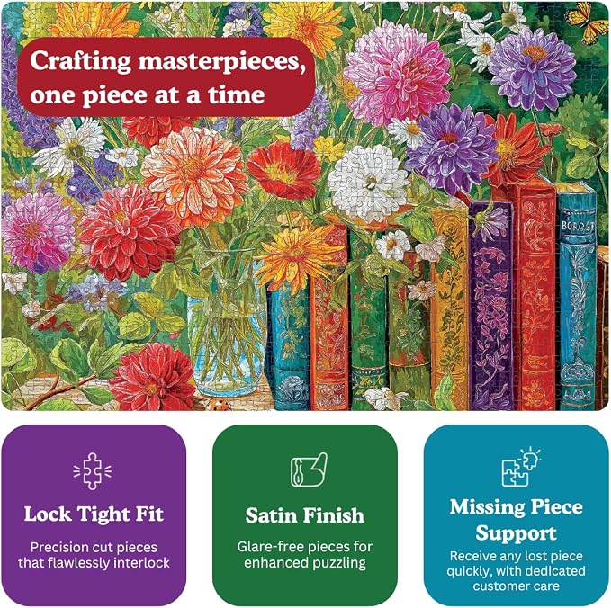 Cross & Glory | 1000 Piece Jigsaw Puzzles for Adults | Petals Between the Pages | Vintage Books & Floral Botanical Flower Puzzle | Satin Finish Flower Puzzles for Adults 1000 Pieces | Ages 14+