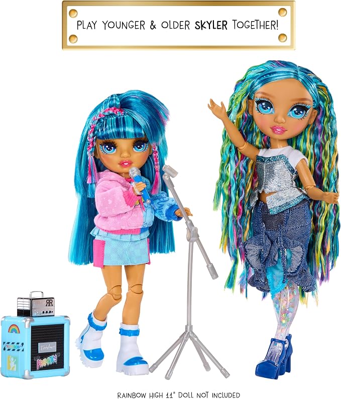 Rainbow High Jr High Rock Band - Skyler, Blue 9” Fashion Doll with Microphone Plus Stand and Amp, Customize with Stickers, Posable, Great Toy Gift for Kids Ages 4+