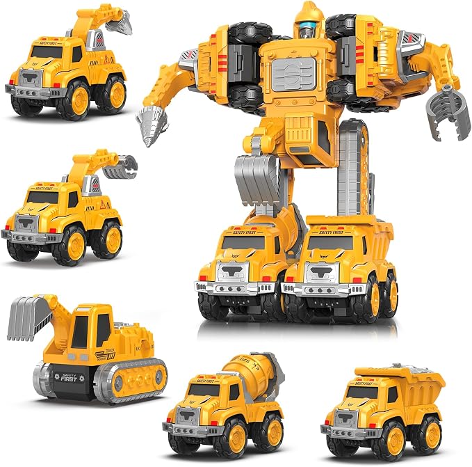 Toys for 3 4 5 6 Year Old Boys– 5-in-1 Detachable Construction Vehicles Set–Transform Robot Kids Toys Cars– Easy DIY Toys for Ages 5+ – Gifts for Boys Girls Birthday Christmas Easter