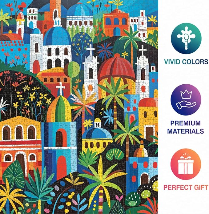 Cross & Glory - Vivid Vistas of Mexico - 1000 Piece Jigsaw Puzzle for Adults | Vibrant Folk Art Puzzle | Best New Mexican City Puzzle | Eco-Friendly & Challenging