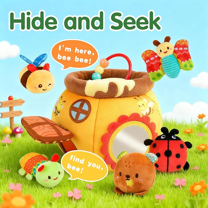 Baby Toys 6-12 Months - Soft Beehive with 5 Stuffed Animals, Rattle, Crinkle, Mirror, Montessori Sensory Toys for Babies 6 7 8 9 10 Month Old Boy Girl 1 Year Old Birthday Shower Gifts Toddler Ages 0-2