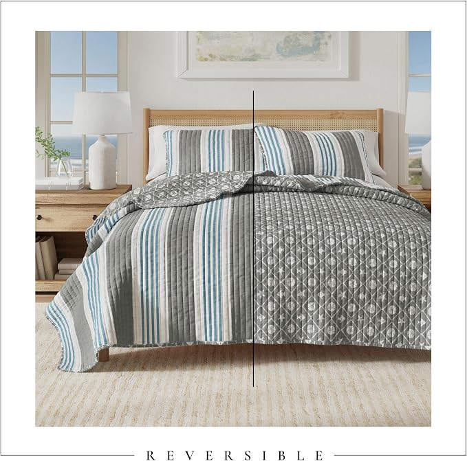 Great Bay Home Coastal Quilt Set - 2-Piece Twin/Twin XL Size Stripe Bedding Set - Lightweight, All-Season, Reversible Bedspread (Coastal Stripe)