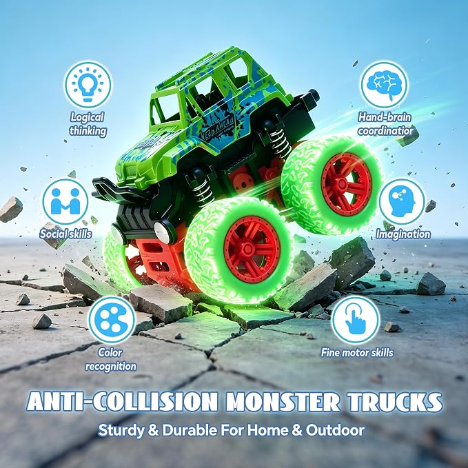 Monster Truck for Boys 3 4 5 6 7 Year Old,4 Pack Push and Go Friction Powered Car Toys, Double-Directions Inertia Pull Back Vehicle Set,Birthday Party Gift for Kids