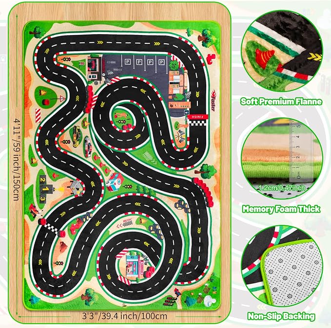 Kids Car Rug for Play Toy Cars, 4'11" x 3'3" Non-Slip Race Track Play mat Carpet Kid Road Rugs for Playroom Classroom Kids Room,Karting Road Racing Track Floor Mat Rug for Bedroom(for Age 2+,Green)