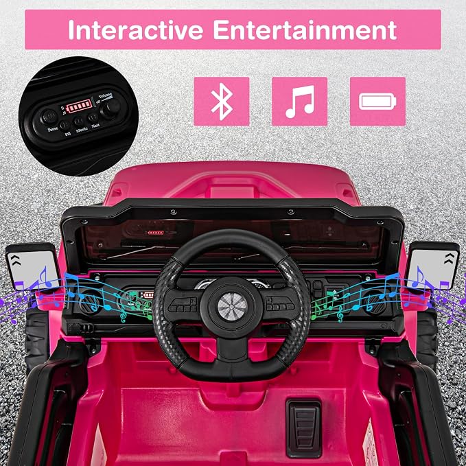 Costzon 12V Kids Ride on Truck Car, Electric Vehicle w/Remote Control, Threaded Wheels, 3 Speeds, LED Lights, Music, Horn & Wireless Connection, Ride on Toy for Boys & Girls 3+ (Hot Pink)