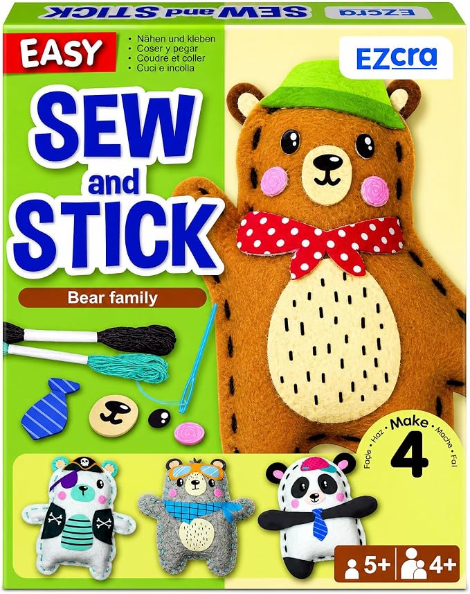 EZCRA Bear & Animal Sewing Kit for Kids Ages 4-8 - 4 Beginner Felt Craft Projects - No-Mess Arts & Crafts for Boys and Girls - Gift for Kids