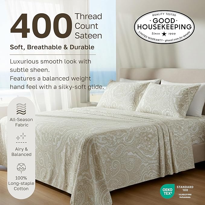 California Design Den Soft 100% Cotton Sheets Full Size Set, 400 TC Good Housekeeping Award Winner, Smooth Sateen Finish with Deep Pockets, Cozy and Durable Cotton Bedding Set - Paisley Beige