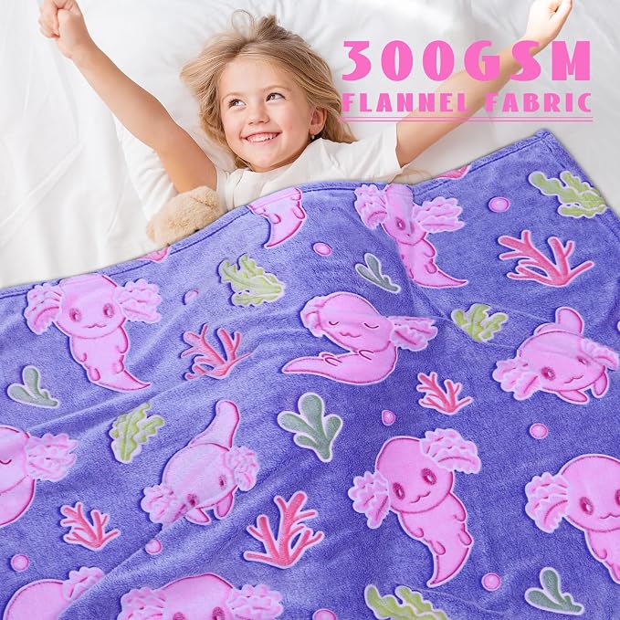 Axolotl Toys for Kids Glow in The Dark Blanket Girls Salamander Blankets Cute Animals Fish Soft Throw Blankets Room Decor 40 "X 50"