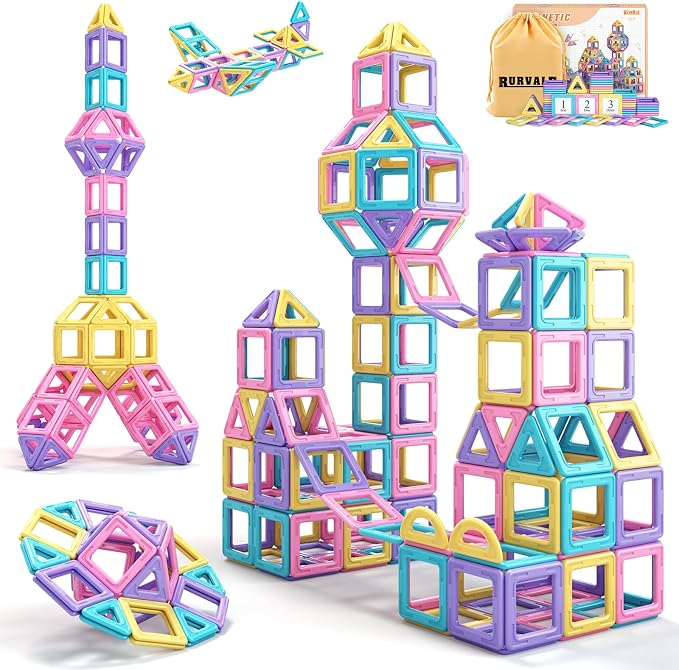 Rurvale Toddler Girl Toys, Magnetic Tiles 44pcs, Birthday Gifts Ideas for Girls Toys Age 3 4 5, Magnetic Blocks, Magnet STEM Montessori Toddler Kids Christmas Toy Gifts for 3 4 5 6 7 Year Old Girls