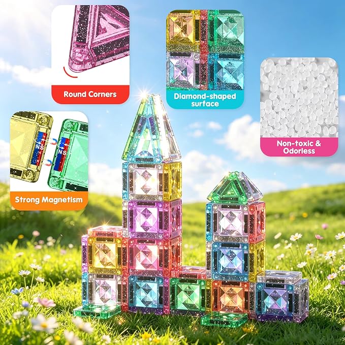 Mini Magnetic Tiles, 44PCS Portable Travel Magnetic Tiles Set with Case, Creativity Boosting Building Toys for Boys and Girls Ages 3+, Educational Toy for Kids STEM & Construction Learning