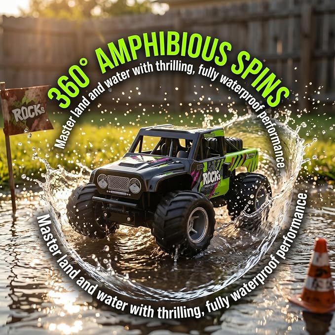 KB KAIBO Q191 1:16 Amphibious Remote Control Car - Waterproof All Terrain RC Monster Truck for Kids, 50+ Min Play with 2 Batteries, 2.4Ghz 4WD Off-Road Toy for Boys Girls 6-12+ (Gift Idea)-Green