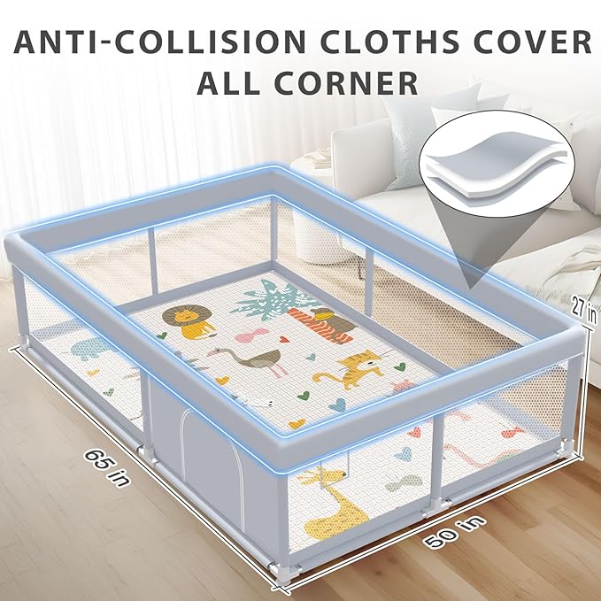 XVISHX Baby Playpen with Mat, 65 x 50 Inch Play Pen Playards, Playpen for Babies and Toddlers, Baby Playard for Indoor & Outdoor Active Center Game Fence, Skin-Friendly Fabric and Soft Breathable Mesh