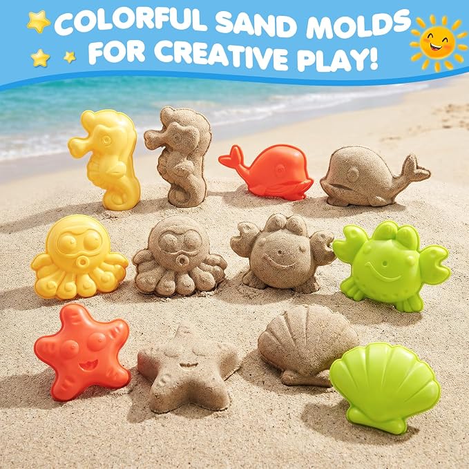11 PCS Kid Beach Toys,Sand Water Funnel with No Partition, Silicone Plug,Beach Shovels and Sand Molds for Kids Boys Girls Ages 3-13