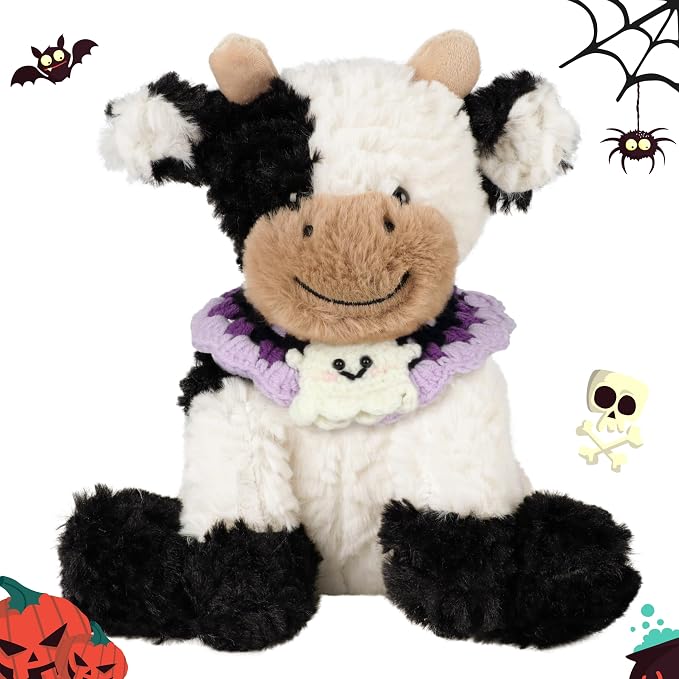 Hopearl Adorable Halloween Plush Cow Toy with Knitted Cute Ghost Bib Floppy Kawaii Dairy Cattle Soft Stuffed Animal Gifts for Boys Girls Kids Toddlers, 9''