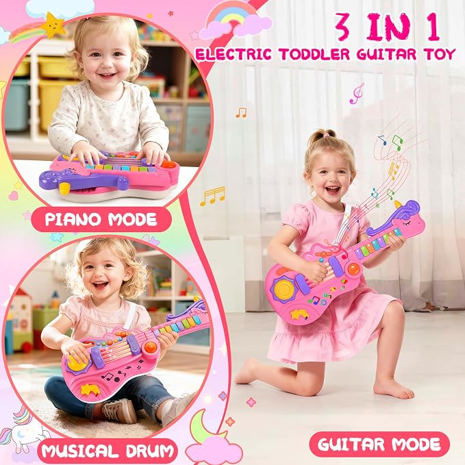M SANMERSEN 3-in-1 Toddler Guitar Toys for Kids with Piano Drum, Electric Musical Toy with Strap Light Up 3 4 5 Year Old Boys Girls Gifts