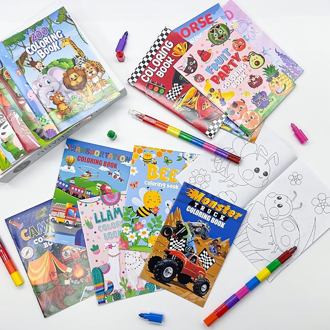 Cinrobiye 24 Coloring Books Bulk with 24 Stacking Crayons Set Mini Activity Books Small Coloring Books for Birthday Party Favors Gifts Goodie Bags Fillers Classroom Travel Activities