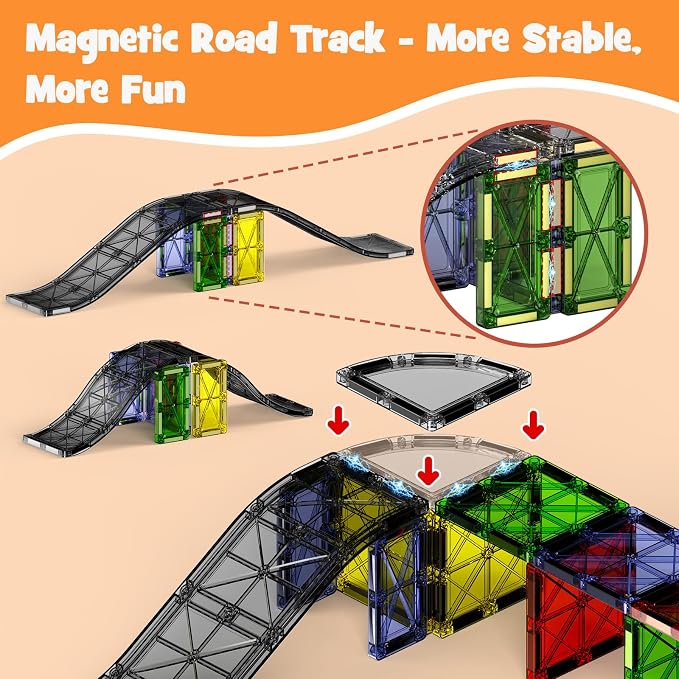 Magnetic Downhill Racer Set 40-Piece with Car & Tracks, STEM Magnetic Tiles Building Toys for Kids Ages 3-8, Montessori Learning Toys with Reinforced Slopes & Loop Pieces