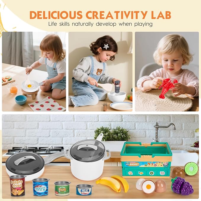 80Pcs Kitchen Playset, Toddler Pretend Cooking with Pots, Pans, Cookware, Food, Picnic Blanket, Fruits, Veges, Shopping Storage Basket, Dessert , Learning Gift for Girls Boys (White)