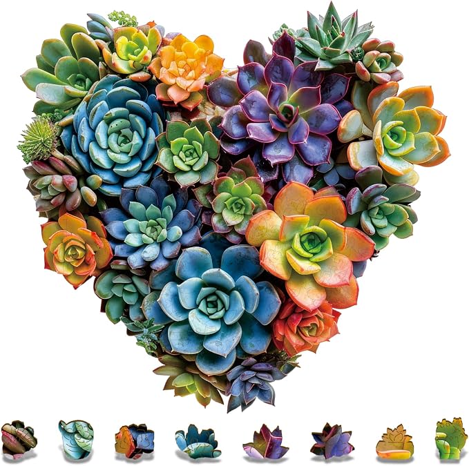 Mys Aurora Heart Puzzle Gifts,FSC Certified, 200 Pieces Succulent Wooden Puzzles for Adults, Unique Shaped Plant Puzzles,Brain Teaser Flower Puzzle Game Medium 11.7'' x 11.2''