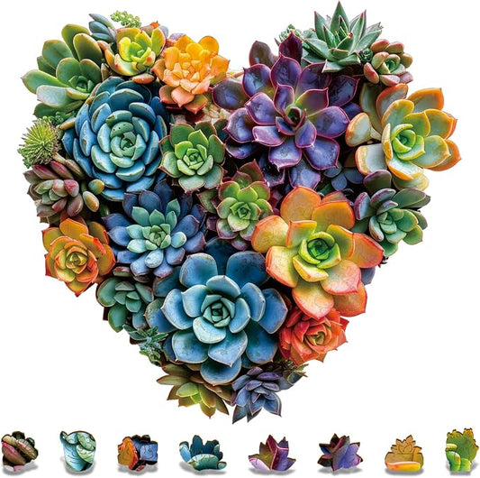 Mys Aurora Heart Puzzle Gifts,FSC Certified, 200 Pieces Succulent Wooden Puzzles for Adults, Unique Shaped Plant Puzzles,Brain Teaser Flower Puzzle Game Medium 11.7'' x 11.2''