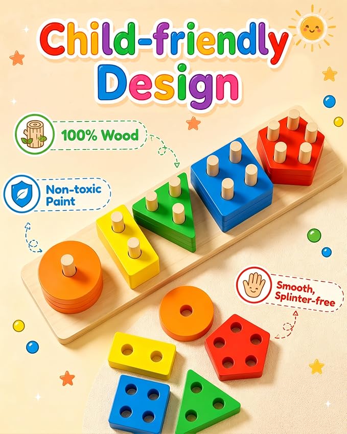 PEBIRA Montessori Toys for 1 to 3-Year-Old Boys Girls Toddlers, Wooden Sorting & Stacking Toys for Toddlers and Kids Preschool, Educational Color Recognition Shape Sorter, Learning Puzzles Gift
