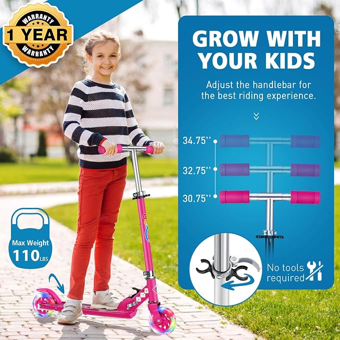 BELEEV V1 Scooters for Kids, 2 Wheel Folding Kick Scooter for Girls Boys, 3 Adjustable Height, Light Up Wheels, Lightweight Scooter with Sturdy Frame, Kickstand for Children 3 to 12 Years Old