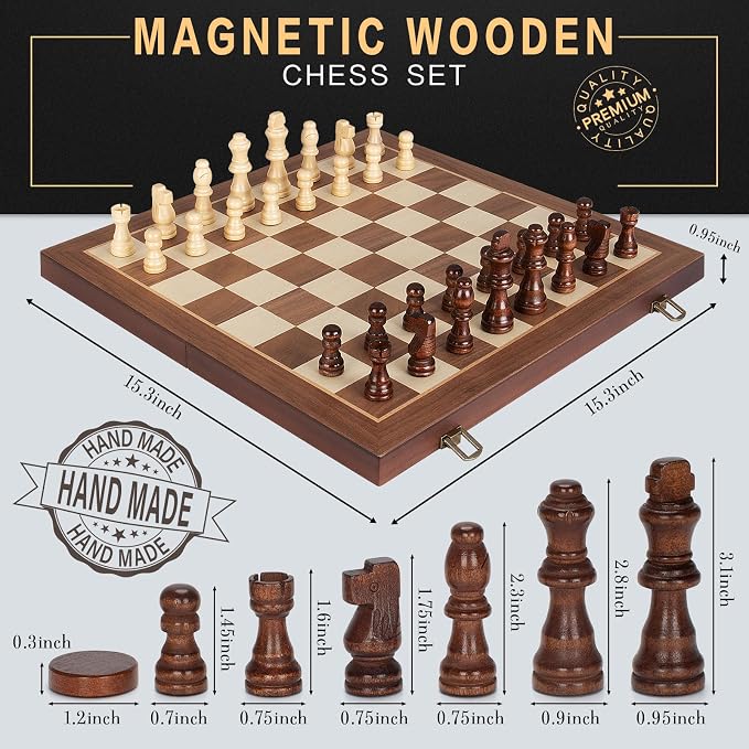 2 in 1 Magnetic Chess Set & Checkers Board Game, 15" Wooden Folding Chess Board with 2 Extra Queens, Portable Travel Chess Set with Pieces Storage Slots, Beginner Chess Board Game for Adults & Kids