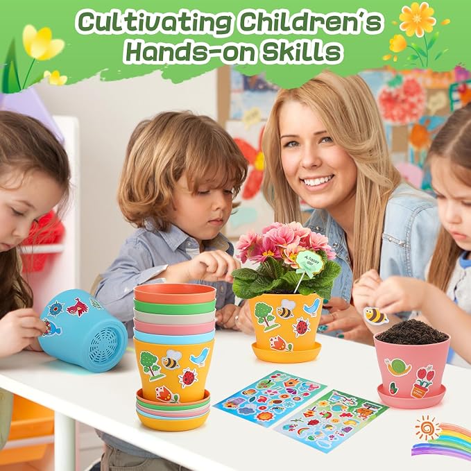 Cosweet 12 Pack Durable Resin Garden Pot Craft Kit for Kids | Colorful Flower Plant Crafts with Trays, Stickers & Blank Labels, Art Activities for Classroom School Home DIY Gifts 4+ years