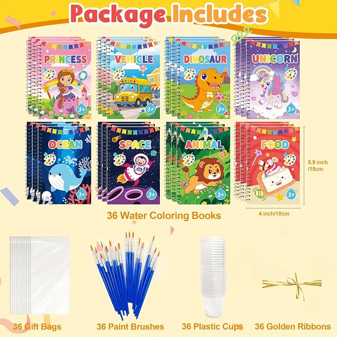 36 Water Coloring Books Party Favors: Bulk Mini Kids Birthday Favor, Goodie Bag Stuffers, Art & Crafts Classroom Prizes, Paint Activities School Toys, Halloween & Christmas Return Gifts for Ages 4-8