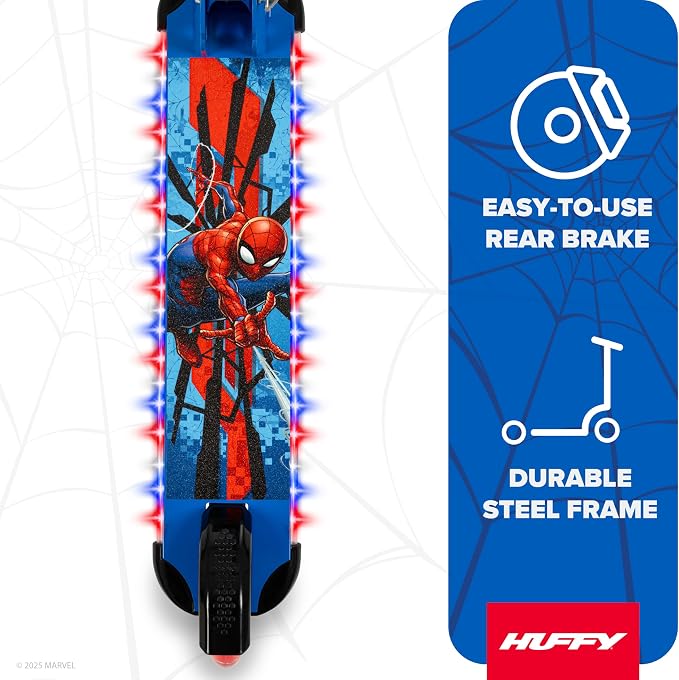 Huffy Light Up Inline Scooter for Kids, 2 Wheel Kick Scooter with LED Lights and Rear Brake, Foldable, Adjustable Handlebar on Select Models, Durable Frame, Licensed Character Graphics