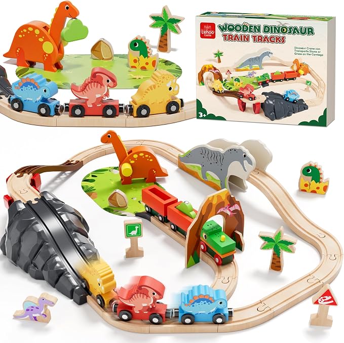 Lehoo Castle Wooden Train Set - Dinosaur Train Set for Toddlers 2-4, Wooden Train Track Railway Playset Toys for 3 4 5 6 Year Old Boys Girls Birthday Gifts