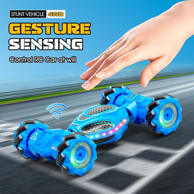 Gesture Sensing RC Stunt Car - Boys Toys Age 6-12, 4WD Hand Controlled Remote Control Drift Twist Offroad 360° Rotation Car with Light & Music, Cool Birthday Presents and Ideas Gifts for Kids Blue