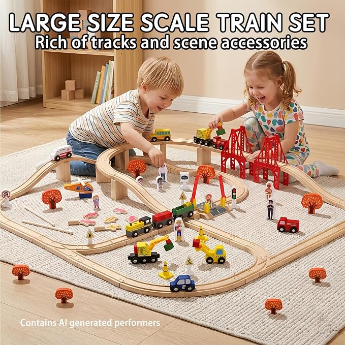 100 Pcs Wooden Train Track Set, Toy Train with Tracks for Kids Ages 3-10, Compatible with Major Brands, Railway Playset for Boys and Girls Birthday Gift