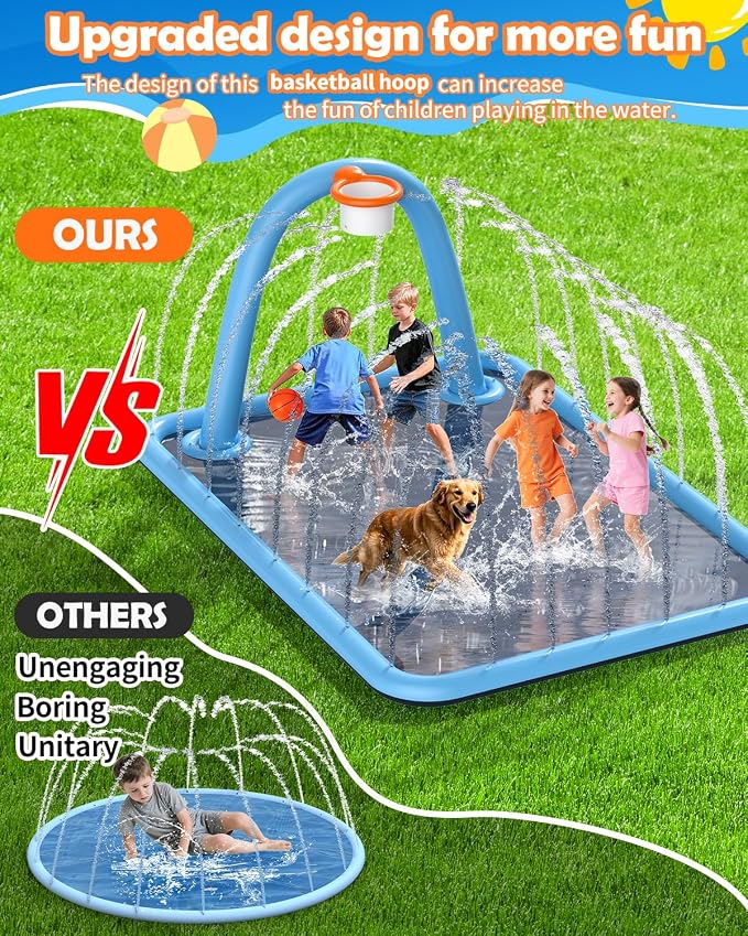 Splash Pad for Kids & Dogs, 110'' Large Sprinkler Pad Water Toys with Basketball Hoop, Thickened Non-Slip Splash Mat, Foldable Play Pool & Outdoor Summer Toys Ages 4-12 (110" Splash Pad)