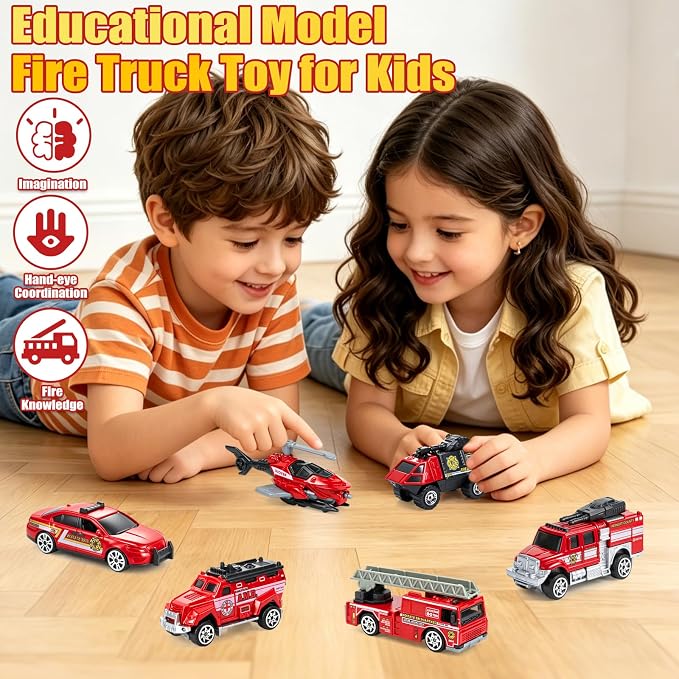 6 Pack Diecast Fire Truck, Mini Alloy Fire Truck Toy for Toddlers 3-5 Firetruck City Emergency Cars Toys Set for Kids Boys Age 3 4 5 6 7 Years Old Goodie Bag Stuffers Birthday Gift
