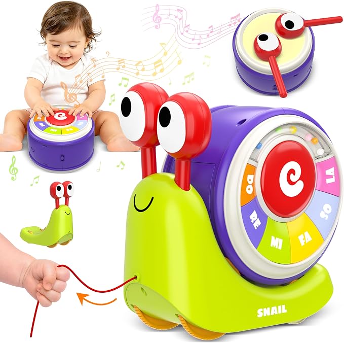 3 in 1 Pull Along Snail Toddler Toys, Baby Piano and Light Up Toddler Drum Set Early Learning Toys Toddler Gifts for Boys Girls, Baby Toys Musical Toys for Toddlers 1-3