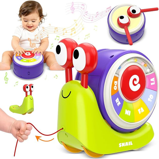 3 in 1 Pull Along Snail Toddler Toys, Baby Piano and Light Up Toddler Drum Set Early Learning Toys Toddler Gifts for Boys Girls, Baby Toys Musical Toys for Toddlers 1-3