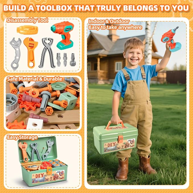 Kids Tool Set with Drill,148Pcs Toddler Tool Set with Toolbox,STEM Montessori Toys for 3 4 5 Year Old,Pretend Play Kid Toy,Educational Construction Toy for 3-5 Year Old Boy Girl,Birthday Gift for Kids