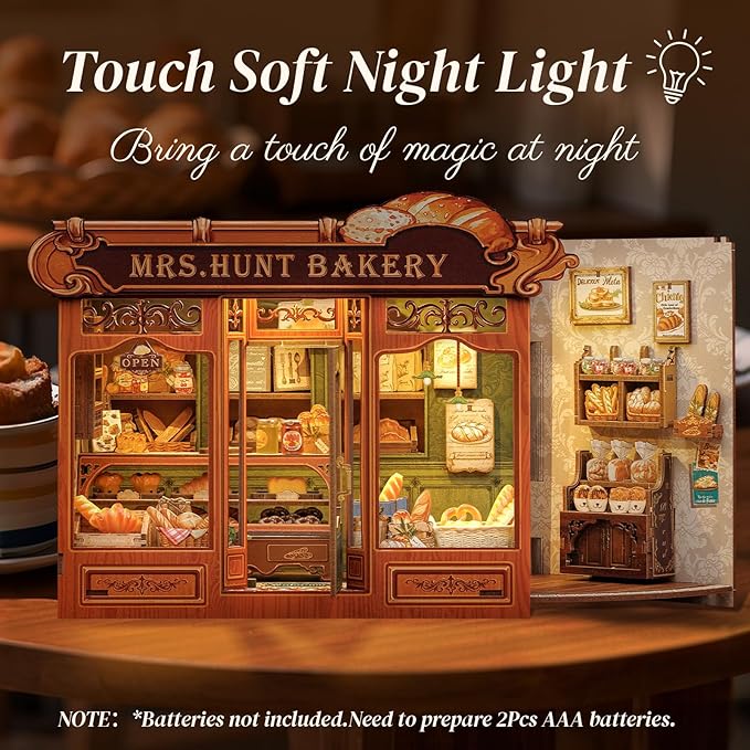 Cutefun Book Nook Kit - DIY Miniature Bread Shop Booknook Kits for Adults and Teens, 3D Wooden Puzzle Bookend Bookshelf with LED Light, Creative Crafts Gifts for Book Lovers (Mrs.Hunt Bakery)