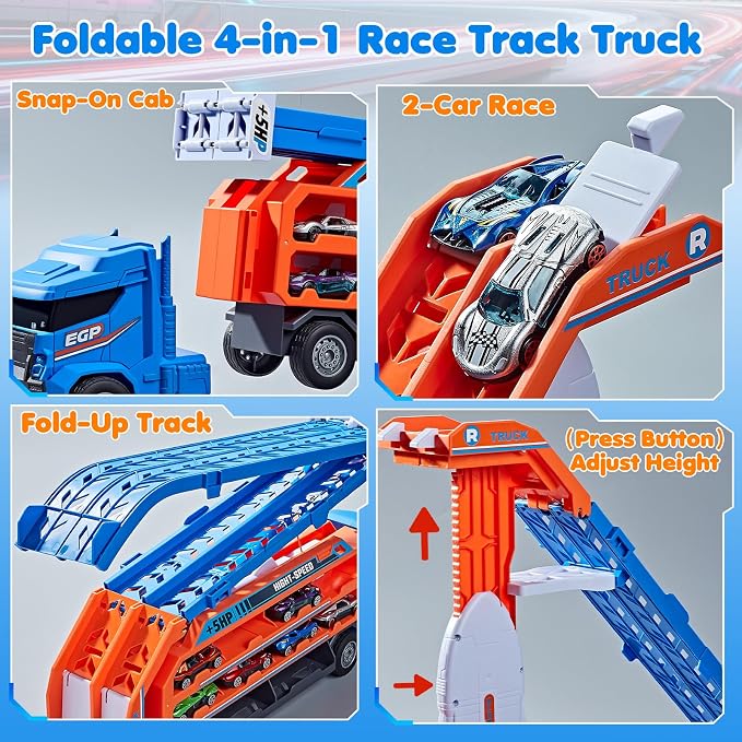 Race Track Truck Toys for 3 4 5 6 Years Old Kids - Carrier Truck Transport Car with 6 Die-Cast Cars Toys, 4-in-1 Truck with 2 Foldable Race Tracks, Christmas Birthday Gifts Toy for Toddler Boys, Blue