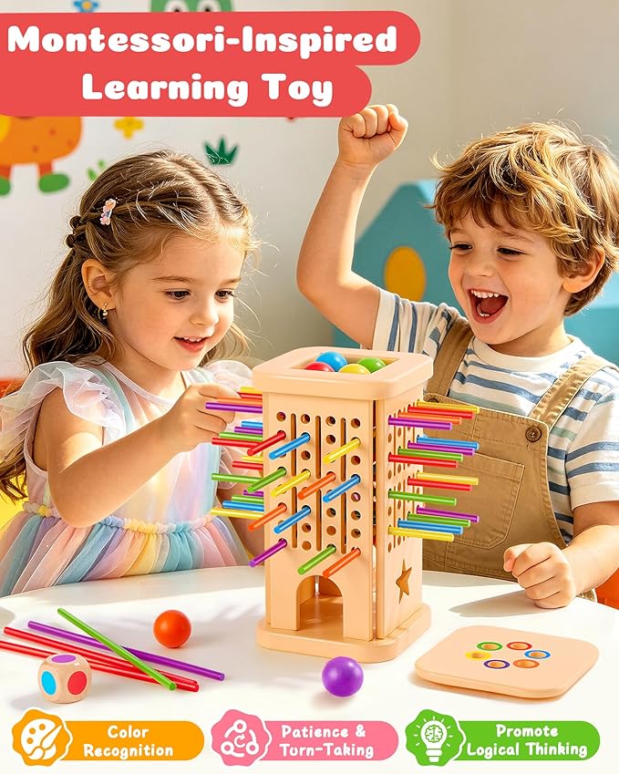 Montessori Wooden Board Games for Kids Ages 4-8, 36 Wooden Sticks Game, Color Matching Board Games for Kids 4-6, Fine Motor Skills Toy Montessori Toys for 3 4 5 6 Year Olds, Gift Boys Girls Family