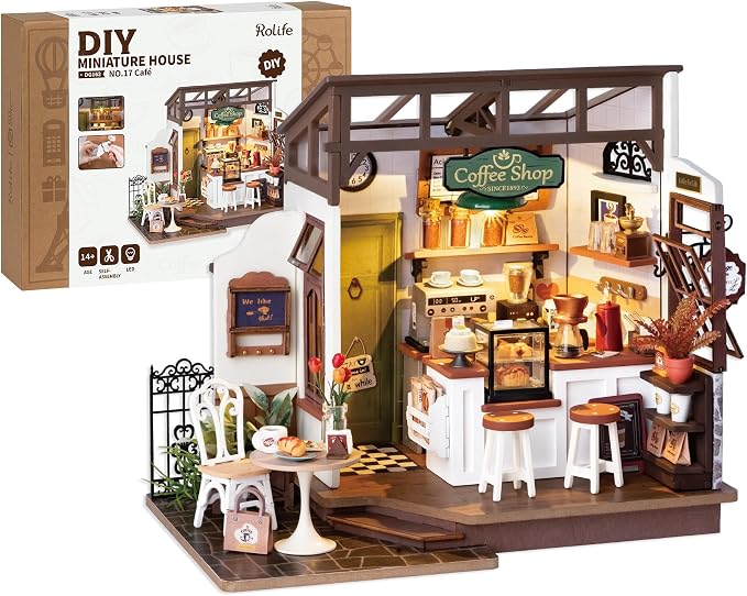 Rolife Miniature Dollhouse Kit, Coffee Shop Miniature Dollhouse Kits for Adults to Build, Wooden Mini House Model with LED Lights DIY Crafts Birthday Gifts and Hobbies Home Decor for Family Friends
