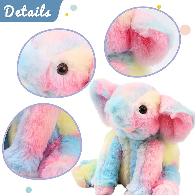 Hopearl Adorable Plush Calf Elephant Toy Floppy Elephish Ultra Soft Haggable Stuffed Animal Holiday Birthday Gift for Boys Girls Kids Toddlers, Rainbow, 9''