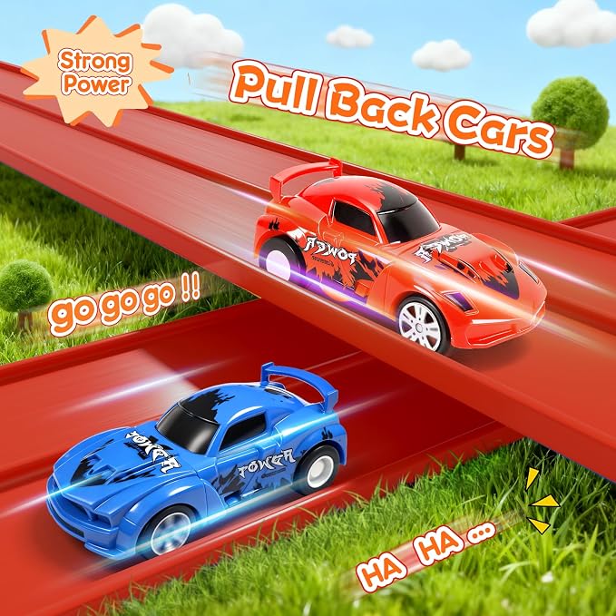 KETIEE Flex Tracks 16Ft for Kids: Flexible Race Car Ramp Track with 2 Small Racecars and 4 Suction Cups Compatible with Diecast 1/64th Cars, Rolls Up Portable Racetrack for Ages 3 & Up