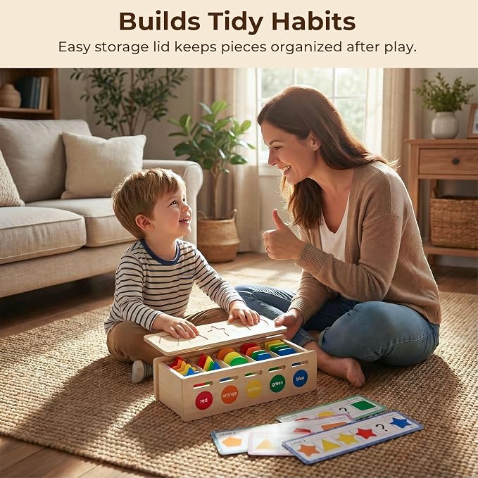 LovesTown 3-in-1 Wooden Shape Color Sorter Box with Logic Cards - Educational Matching Puzzle Game for Fine Motor Skills - Montessori Learning Gift for Toddlers