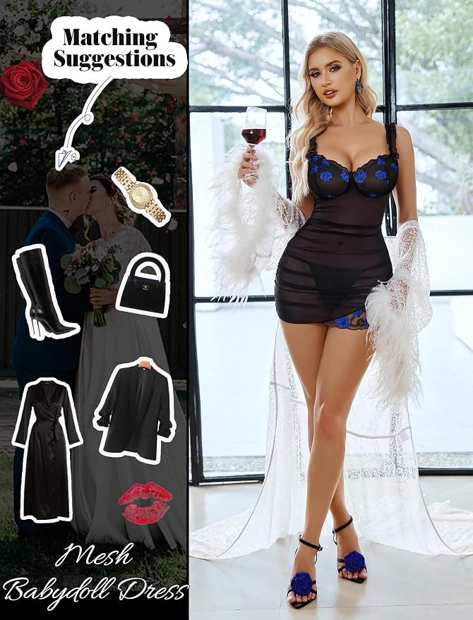 Avidlove Lingerie for Women Mesh Babydoll Lingeries Lace Chemise Floral Sleepwear Dress Sheer Exotic Boudoir Outfit S-XXL