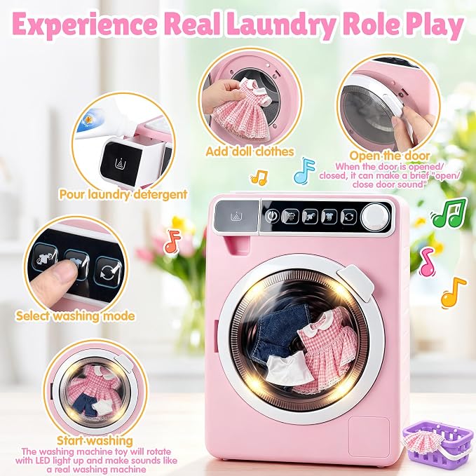 Kids Toy Washing Machine, Realistic Pretend Play Appliance for Girls, Interactive Toy Dollhouse Furniture, Play Washer and Dryer Playset with Spinning Drum (Pink)