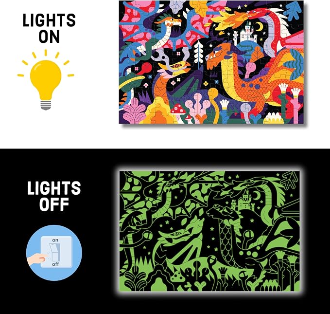Mudpuppy Dragons – 100 Piece Glow in The Dark Jigsaw Puzzle with a Fantastical Scene of Fire Breathing Dragons and Hidden Medieval Details in The Dark
