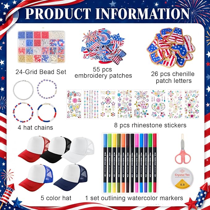 Skicuff 130 Pcs 250th Anniversary 4th of July Patriotic Craft Set, 10 Pcs DIY Red White and Blue Trucker Hats with Stickers Patches Chains USA Chenille Letters Beads for Independence Day Party Decor